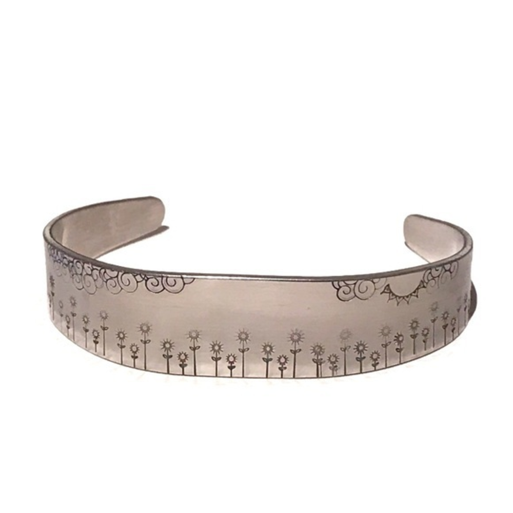 Handmade stamped nature scene‎ silver hypoallergenic adjustable cuff bracelet